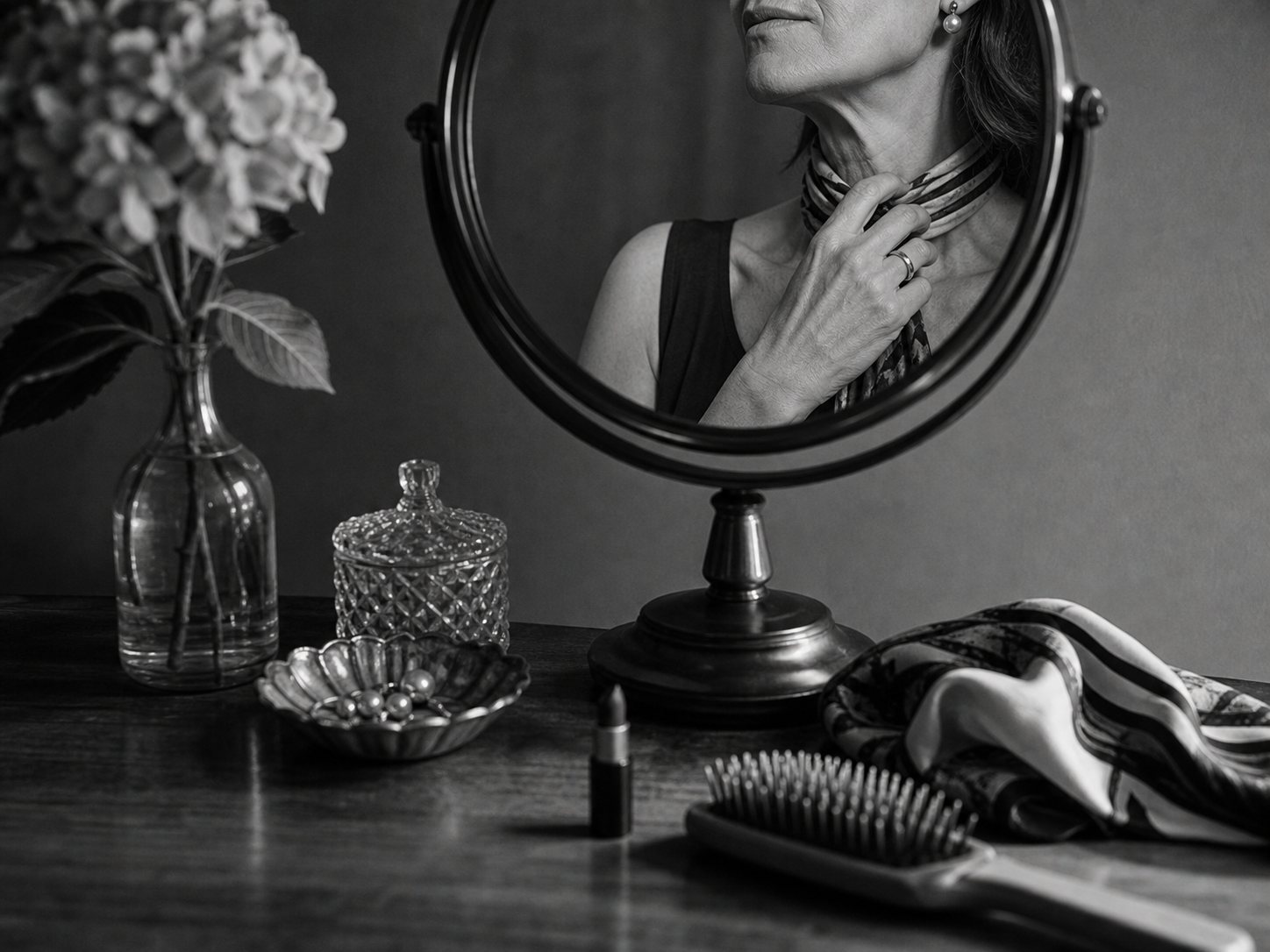 Reflexo parcial de uma mulher madura num espelho com objetos de beleza sobre a mesa