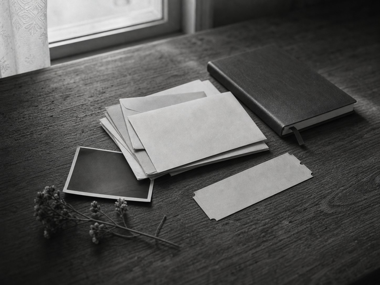 Cartas, fotografia virada para baixo e flor seca sobre uma mesa, representando versões não vividas