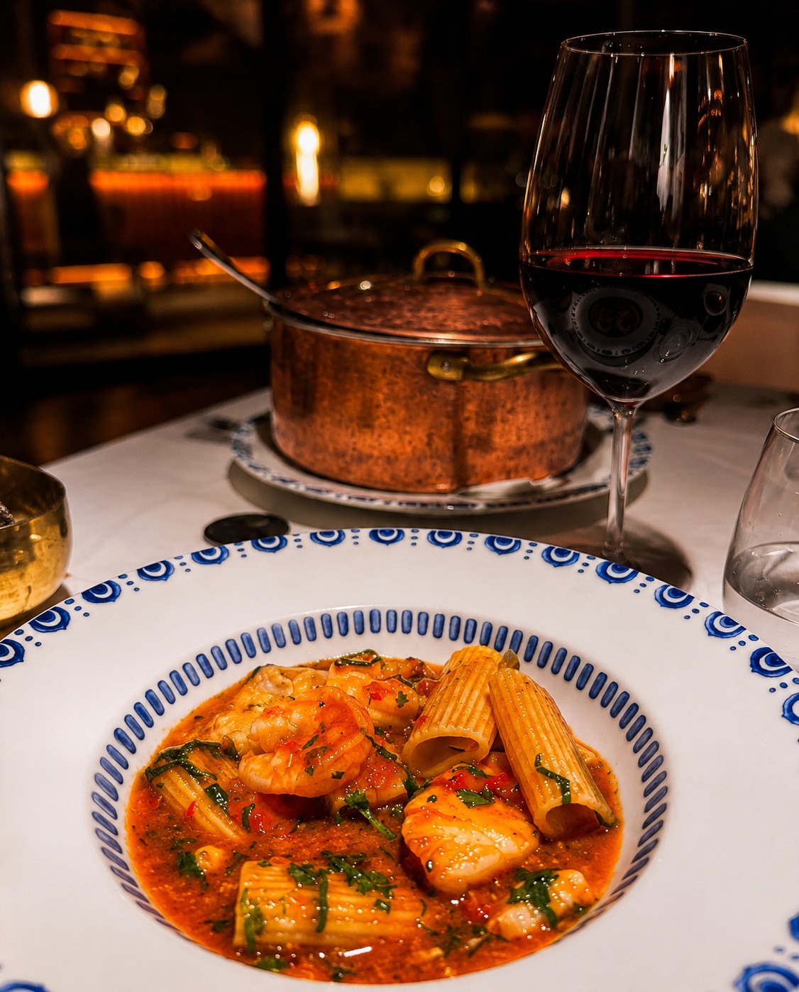 Prato no Bugio, em Oeiras, com massa, marisco e copo de vinho