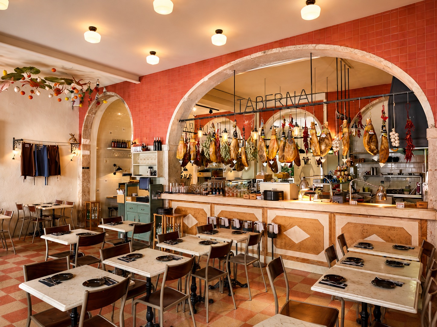 Interior de restaurante do universo Avillez, com mesas postas e balcão de taberna portuguesa