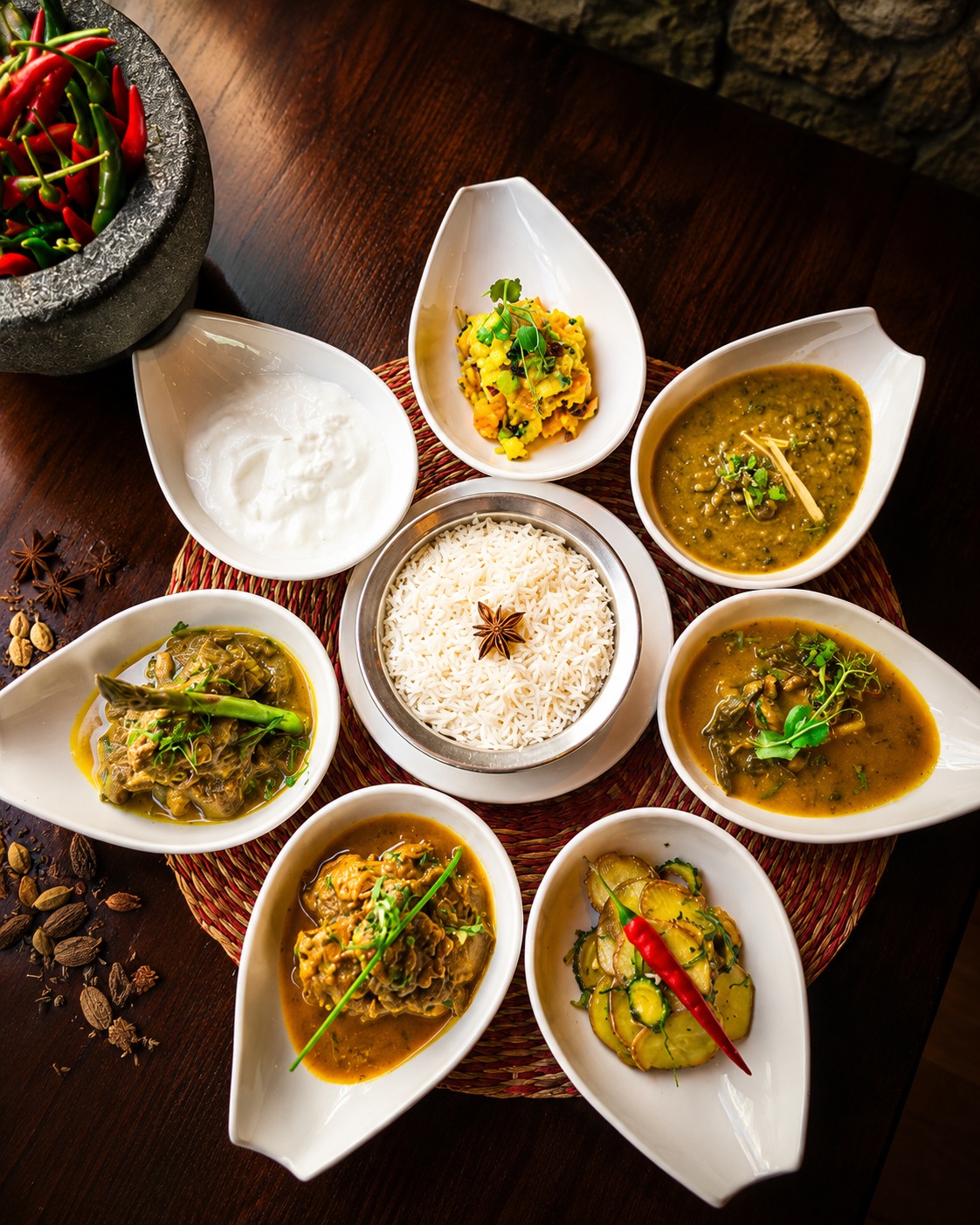 Pratos nepaleses servidos na Casa Nepalesa, em Lisboa, com arroz, caril e especiarias