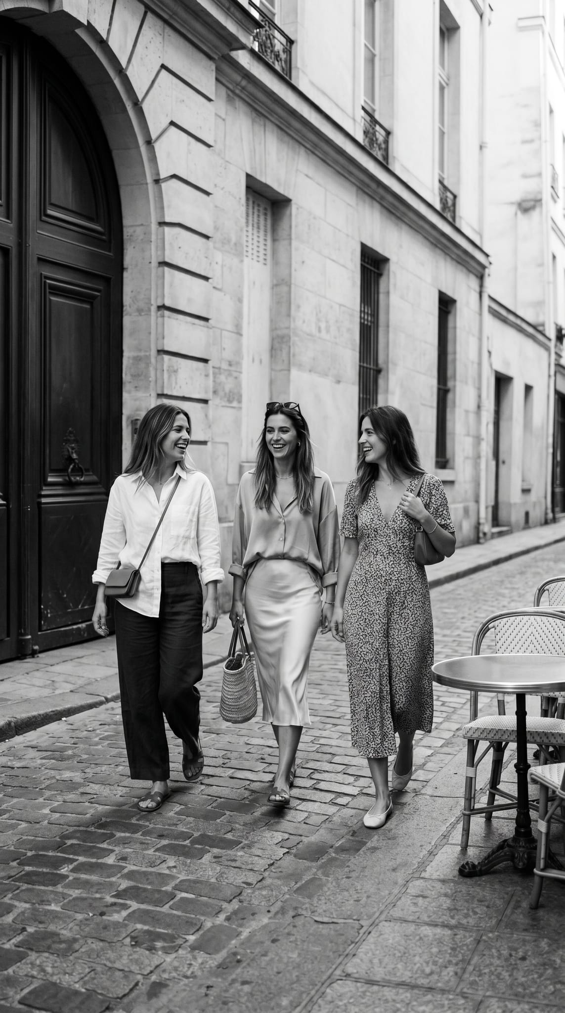 Mulheres caminhando juntas numa cidade, representando viagem entre amigas, vínculo e leveza